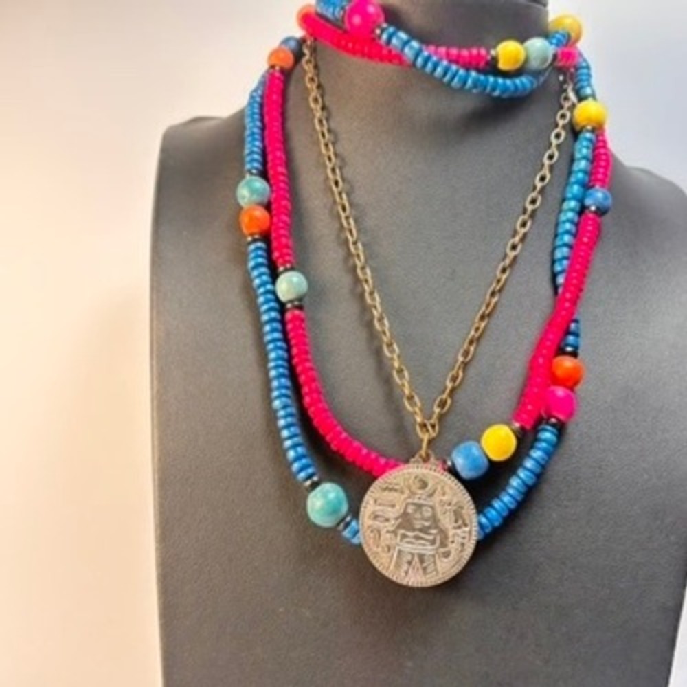 Beaded Medallion Necklace Lot Blue Pink Yellow Boho Aztec‎ Mayan Jewelry Vintage